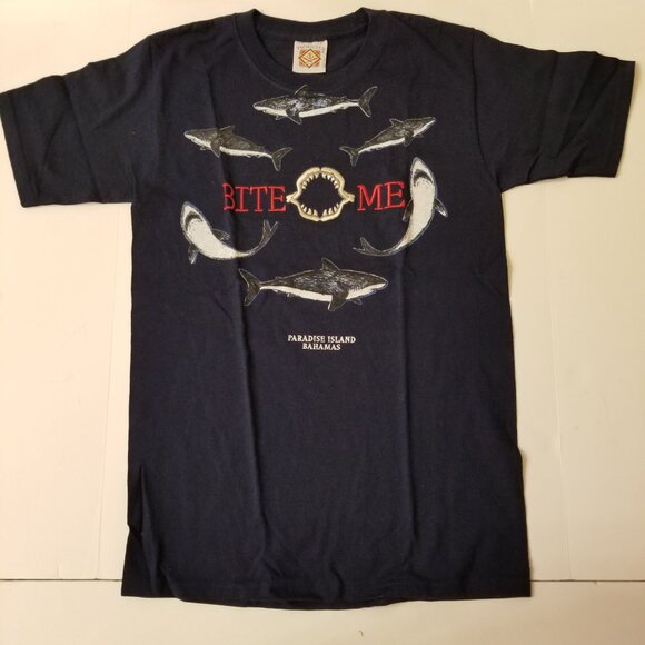 Bahamas Atlantis Paradise Island Yacht Club Blue "Bite me" Shark Jaws Tshirt S! - Picture 1 of 10